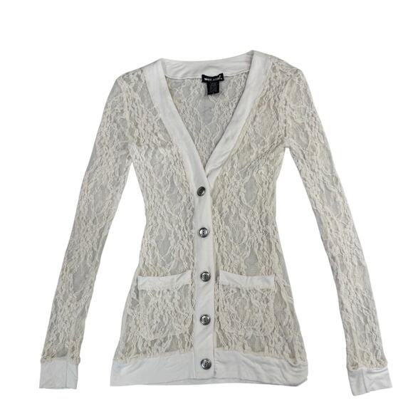Wet Seal Cream Lace Button Cardigan Sheer Floral Long Sleeve Women’s Small Y2K - Picture 2 of 13
